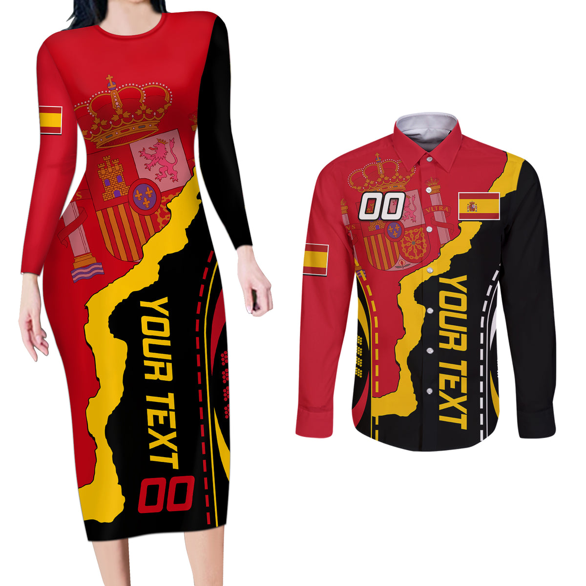 Custom Spain Couples Matching Long Sleeve Bodycon Dress and Long Sleeve Button Shirts La Rojita Football Go Champions LT9 - Wonder Print Shop