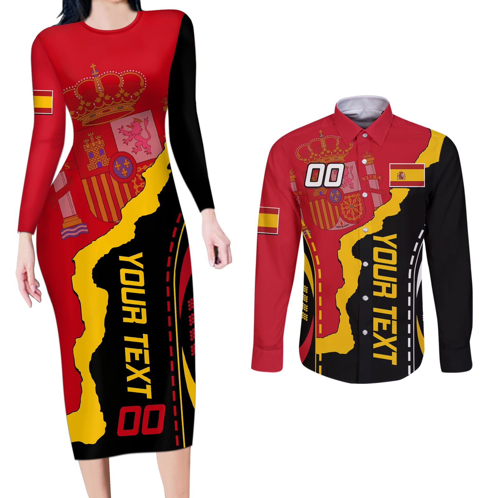 custom-spain-couples-matching-long-sleeve-bodycon-dress-and-long-sleeve-button-shirts-la-rojita-football-go-champions