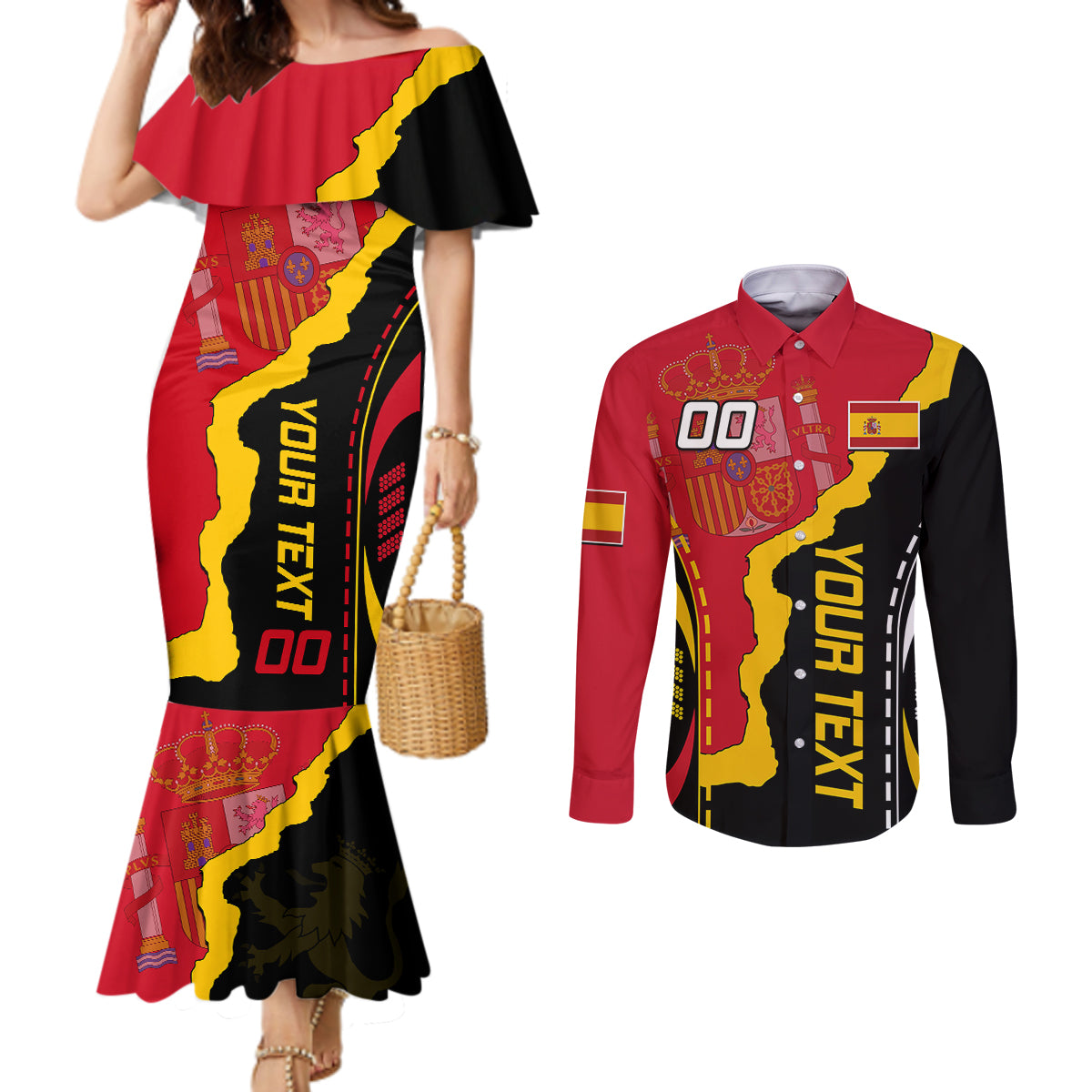 custom-spain-couples-matching-mermaid-dress-and-long-sleeve-button-shirts-la-rojita-football-go-champions