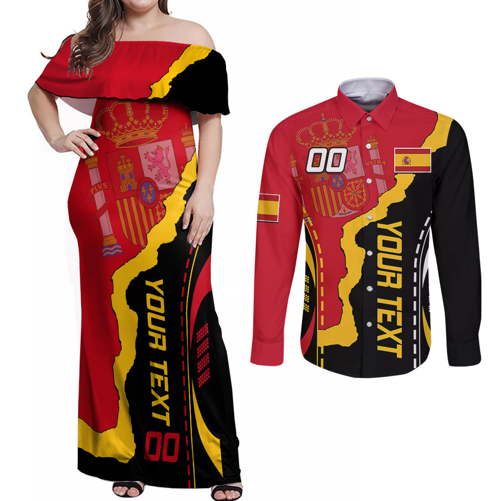Custom Spain Couples Matching Off Shoulder Maxi Dress and Long Sleeve Button Shirts La Rojita Football Go Champions LT9 - Wonder Print Shop