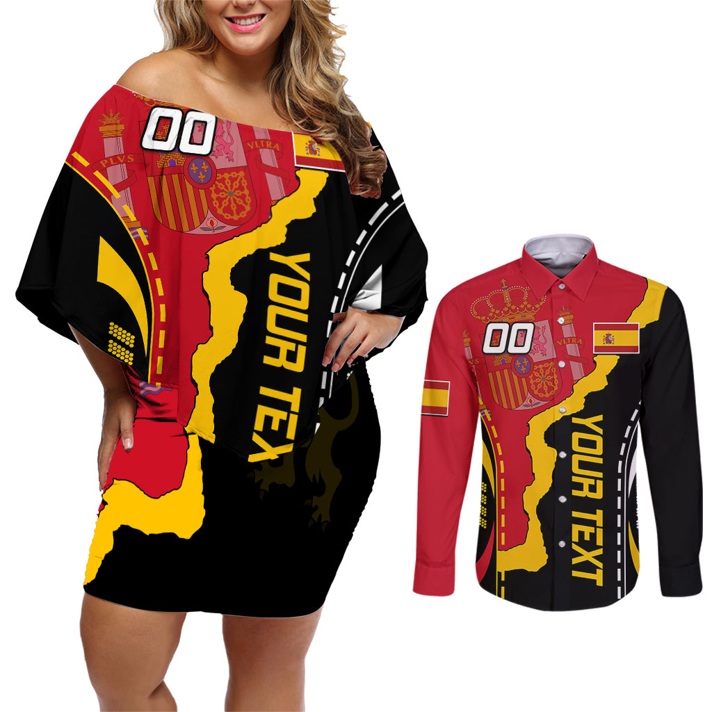 Custom Spain Couples Matching Off Shoulder Short Dress and Long Sleeve Button Shirts La Rojita Football Go Champions LT9 - Wonder Print Shop