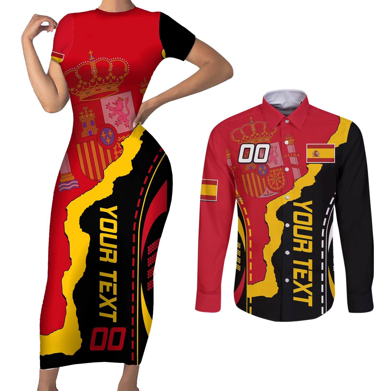 custom-spain-couples-matching-short-sleeve-bodycon-dress-and-long-sleeve-button-shirts-la-rojita-football-go-champions