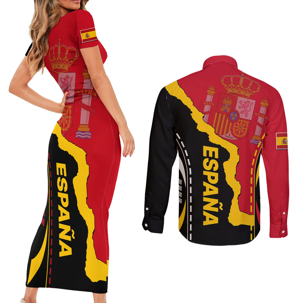 Custom Spain Couples Matching Short Sleeve Bodycon Dress and Long Sleeve Button Shirts La Rojita Football Go Champions LT9 - Wonder Print Shop