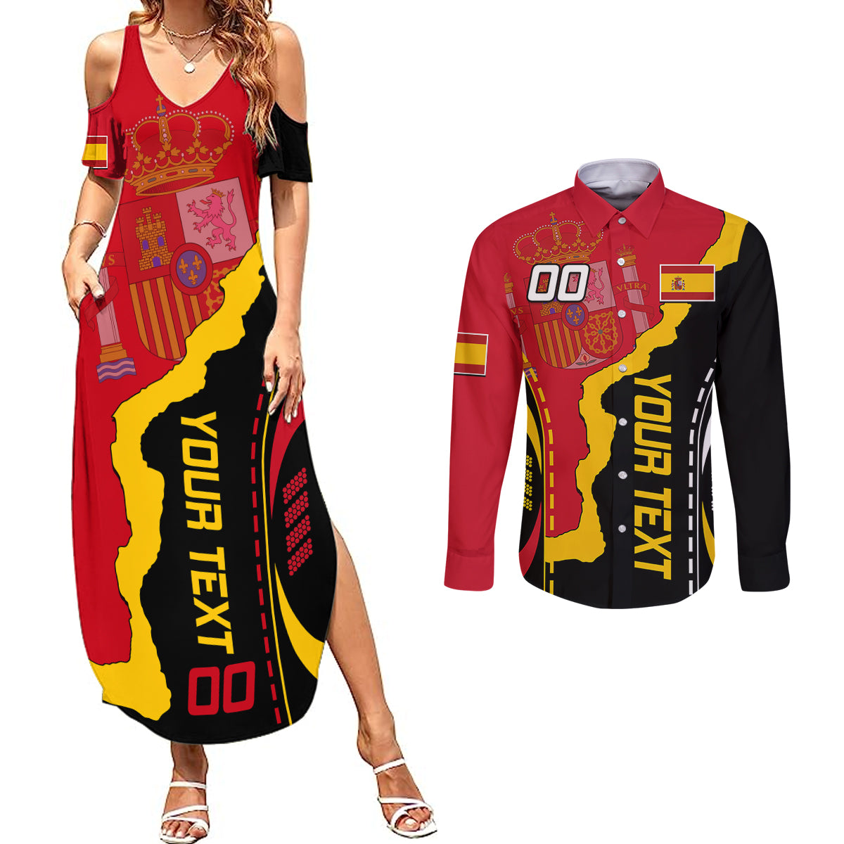 Custom Spain Couples Matching Summer Maxi Dress and Long Sleeve Button Shirts La Rojita Football Go Champions LT9 - Wonder Print Shop