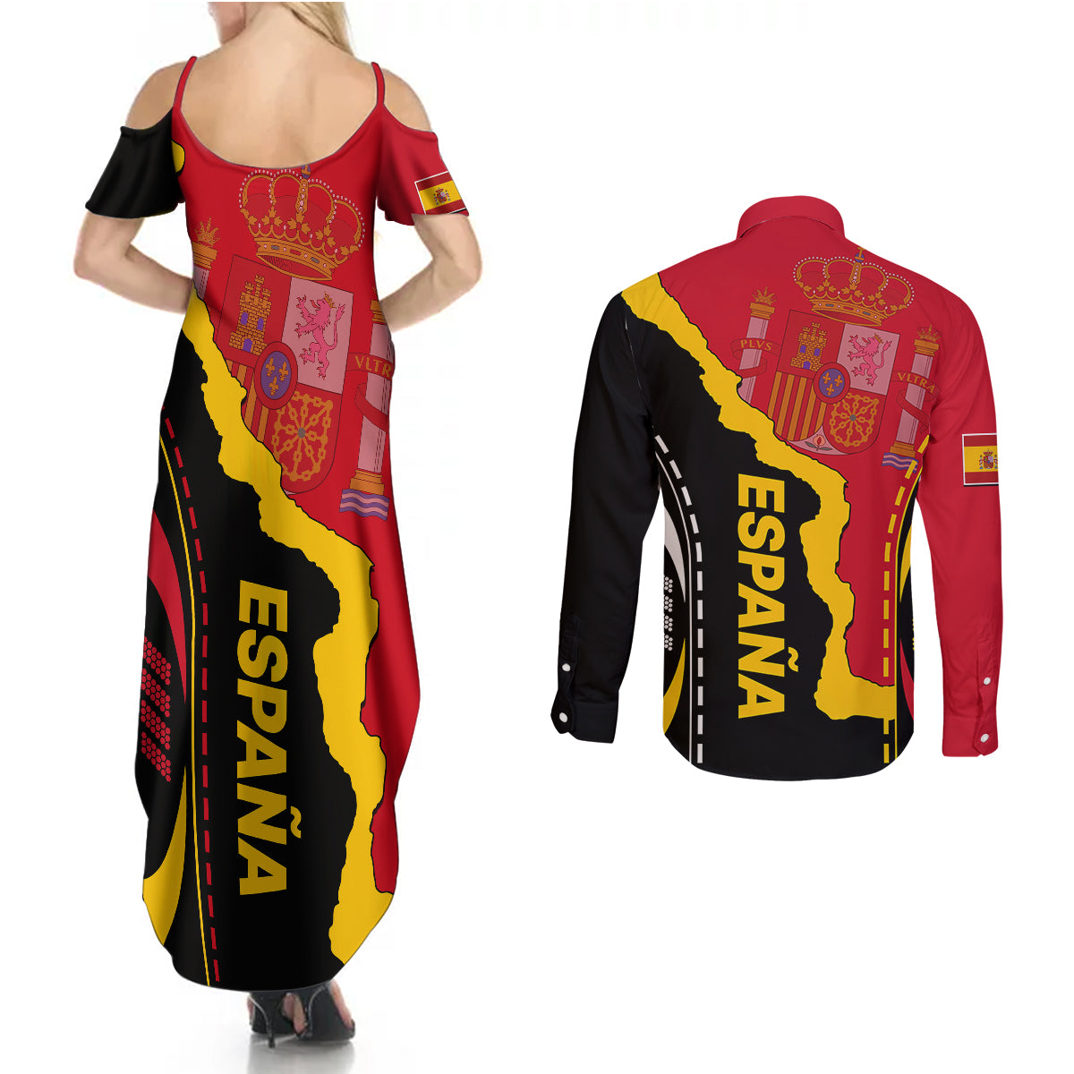 Custom Spain Couples Matching Summer Maxi Dress and Long Sleeve Button Shirts La Rojita Football Go Champions LT9 - Wonder Print Shop