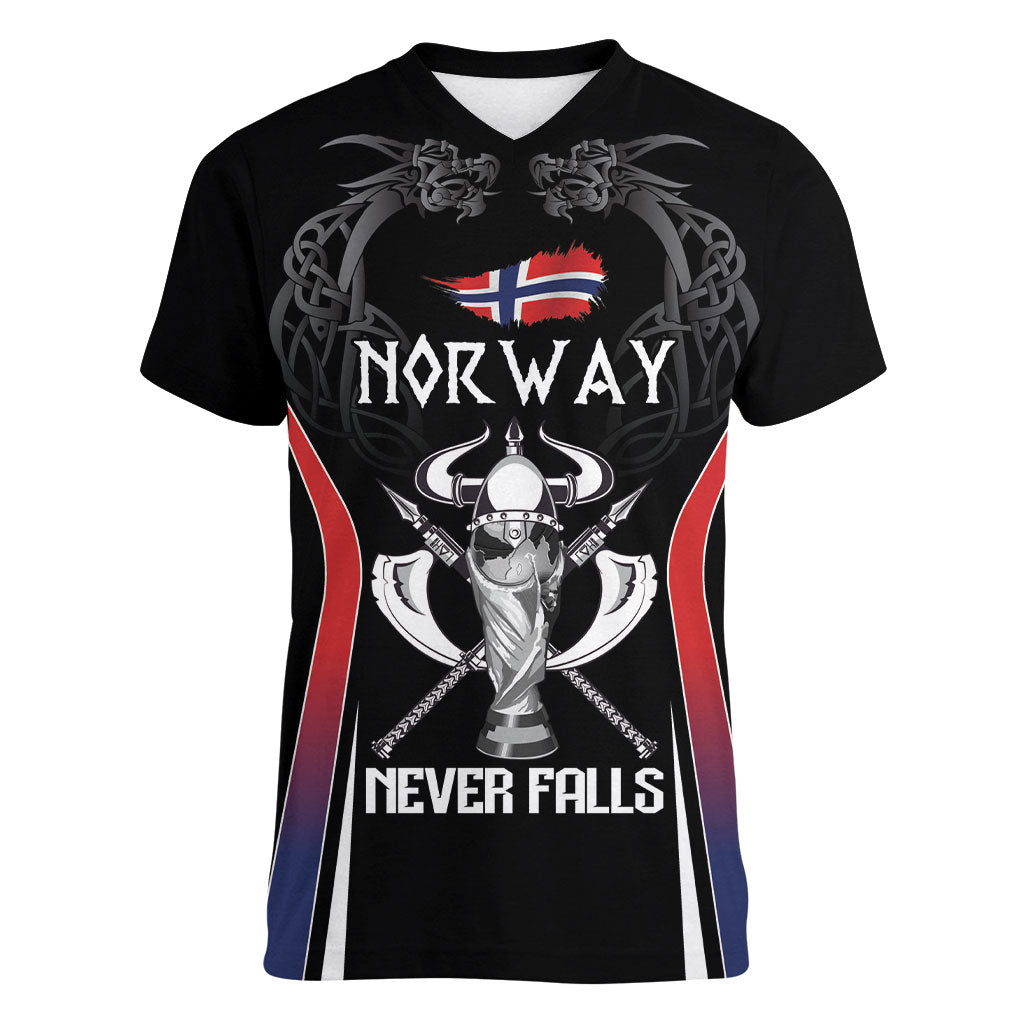 Custom Norway Viking Heritage Women V-Neck T-Shirt Norge Never Falls Quarterfinal Edition