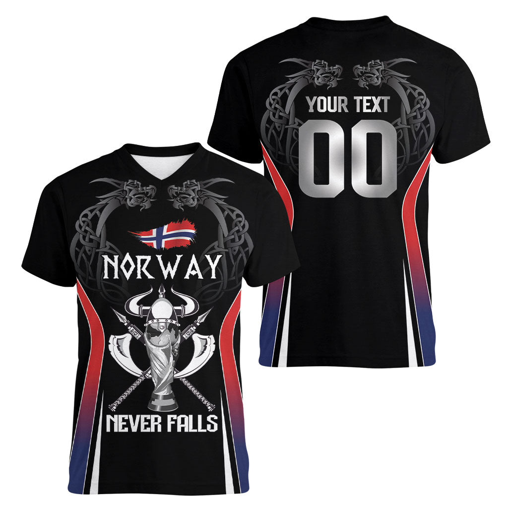 Custom Norway Viking Heritage Women V-Neck T-Shirt Norge Never Falls Quarterfinal Edition