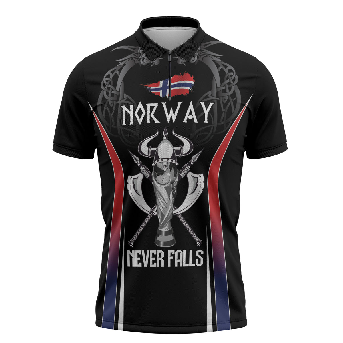 Custom Norway Viking Heritage Zipper Polo Shirt Norge Never Falls Quarterfinal Edition