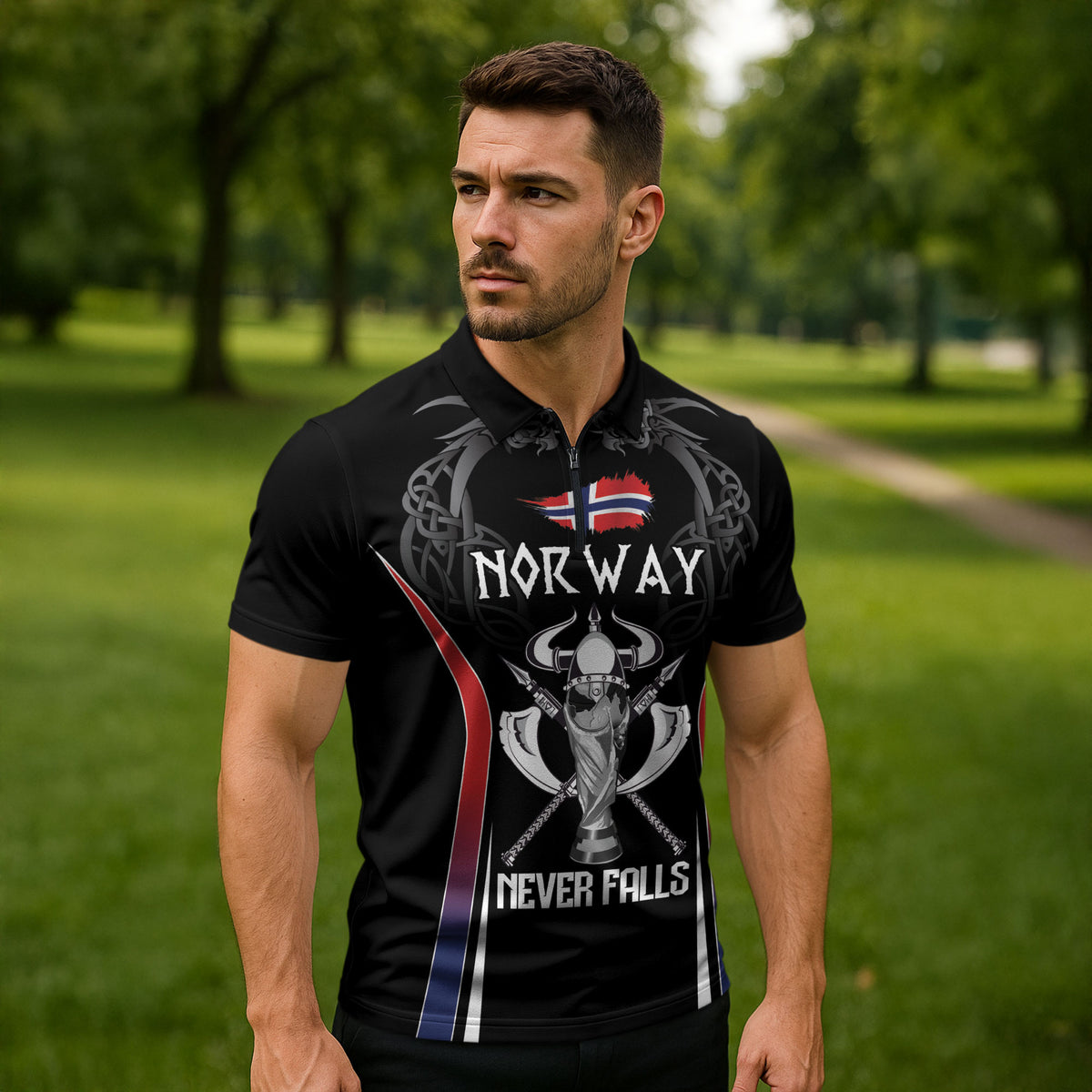 Custom Norway Viking Heritage Zipper Polo Shirt Norge Never Falls Quarterfinal Edition