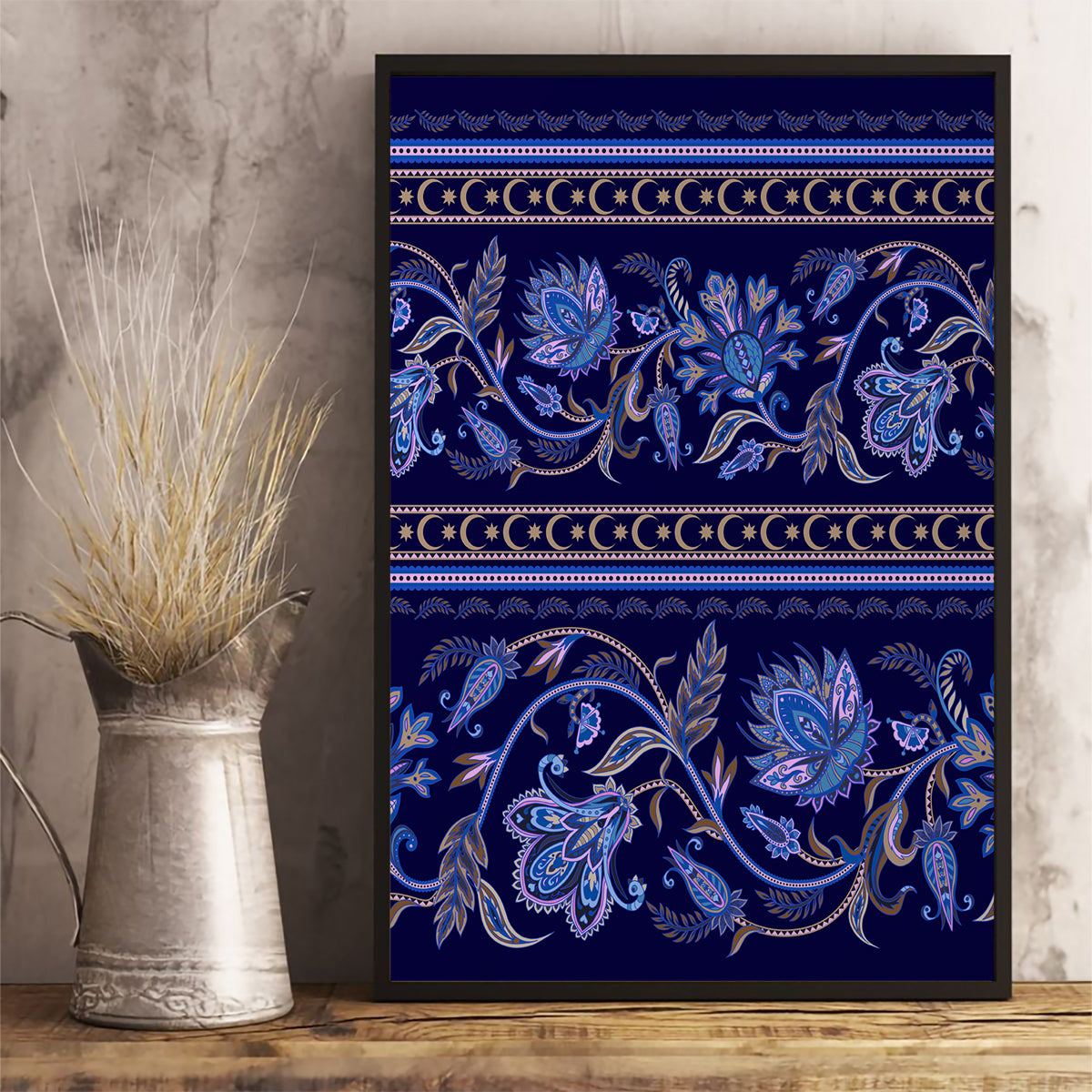 Azerbaijan Canvas Wall Art Traditional Pattern Ornament With Flowers Buta Blue LT9 - Wonder Print Shop