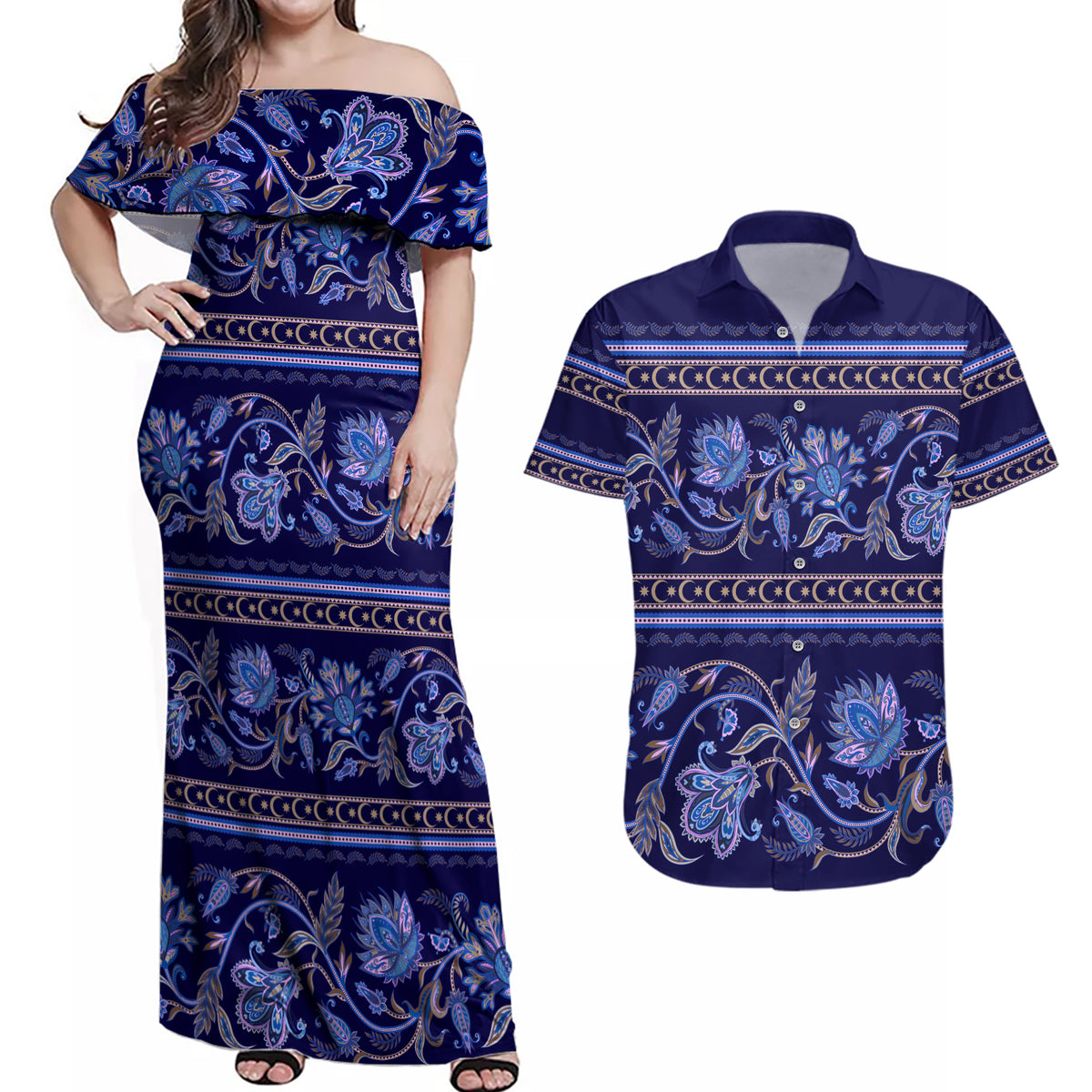 Azerbaijan Couples Matching Off Shoulder Maxi Dress and Hawaiian Shirt Traditional Pattern Ornament With Flowers Buta Blue LT9 - Wonder Print Shop
