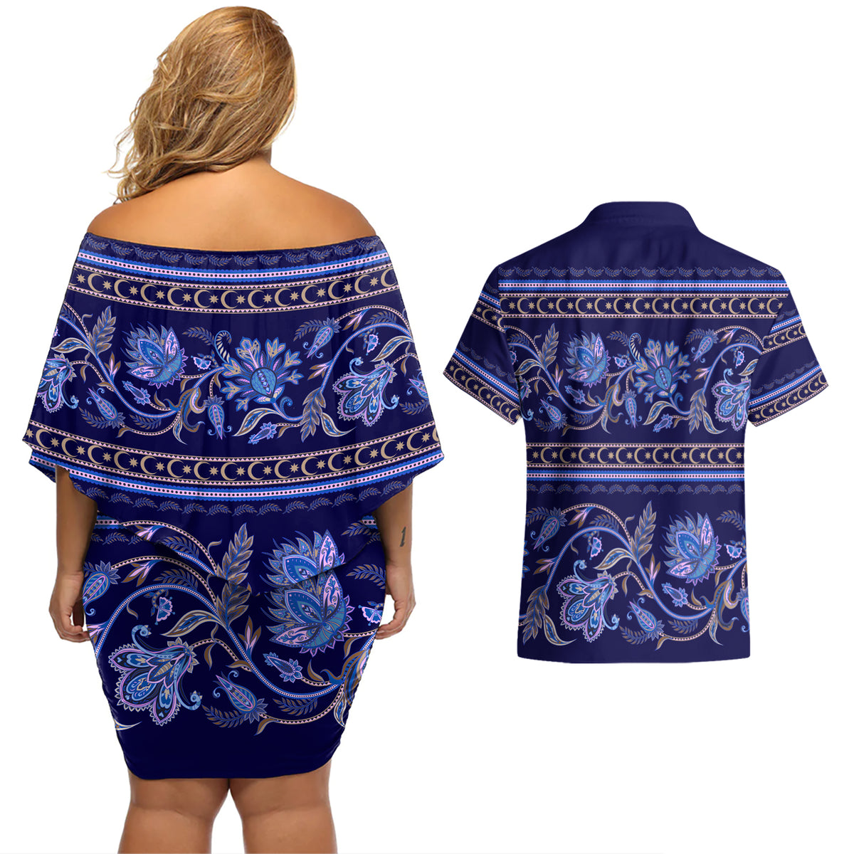 Azerbaijan Couples Matching Off Shoulder Short Dress and Hawaiian Shirt Traditional Pattern Ornament With Flowers Buta Blue LT9 - Wonder Print Shop