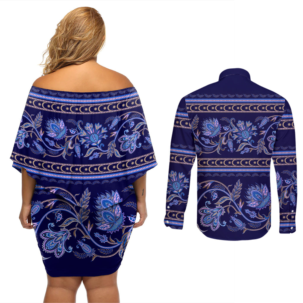 Azerbaijan Couples Matching Off Shoulder Short Dress and Long Sleeve Button Shirts Traditional Pattern Ornament With Flowers Buta Blue LT9 - Wonder Print Shop
