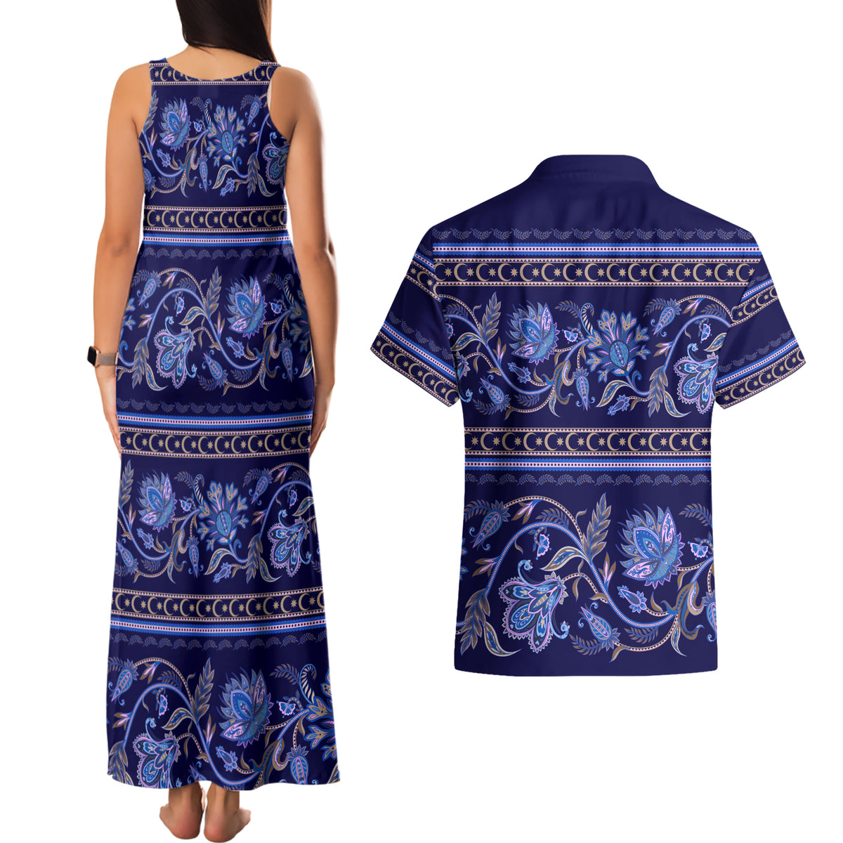 Azerbaijan Couples Matching Tank Maxi Dress and Hawaiian Shirt Traditional Pattern Ornament With Flowers Buta Blue LT9 - Wonder Print Shop
