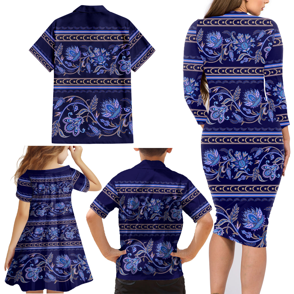 Azerbaijan Family Matching Long Sleeve Bodycon Dress and Hawaiian Shirt Traditional Pattern Ornament With Flowers Buta Blue LT9 - Wonder Print Shop