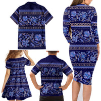 Azerbaijan Family Matching Long Sleeve Bodycon Dress and Hawaiian Shirt Traditional Pattern Ornament With Flowers Buta Blue LT9 - Wonder Print Shop