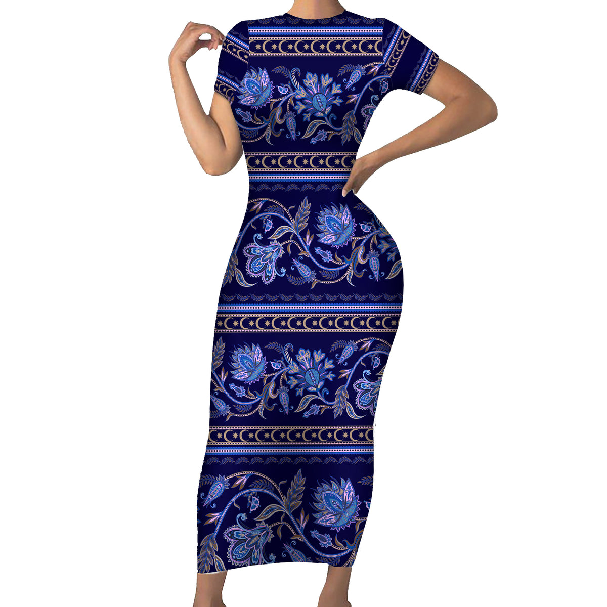 Azerbaijan Family Matching Short Sleeve Bodycon Dress and Hawaiian Shirt Traditional Pattern Ornament With Flowers Buta Blue - Wonder Print Shop