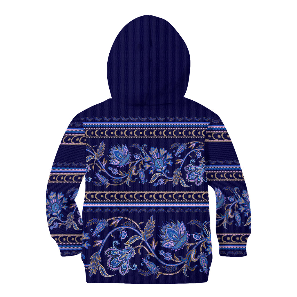 Azerbaijan Kid Hoodie Traditional Pattern Ornament With Flowers Buta Blue - Wonder Print Shop