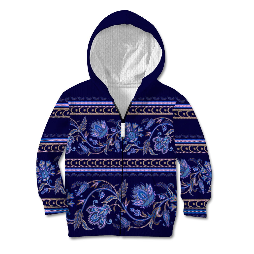 Azerbaijan Kid Hoodie Traditional Pattern Ornament With Flowers Buta Blue - Wonder Print Shop
