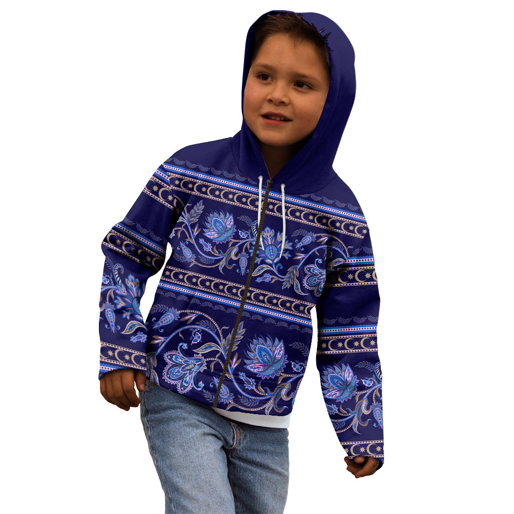 Azerbaijan Kid Hoodie Traditional Pattern Ornament With Flowers Buta Blue - Wonder Print Shop