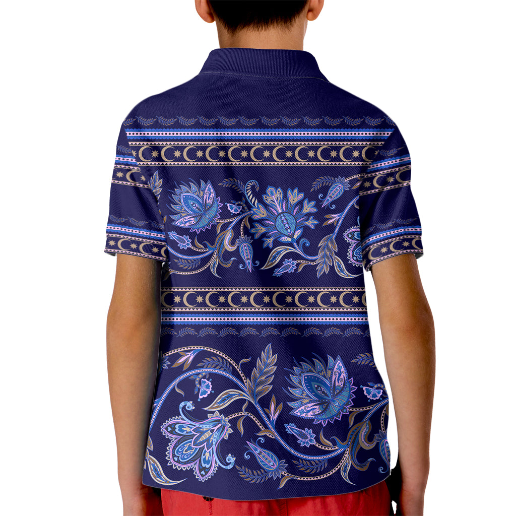 Azerbaijan Kid Polo Shirt Traditional Pattern Ornament With Flowers Buta Blue - Wonder Print Shop