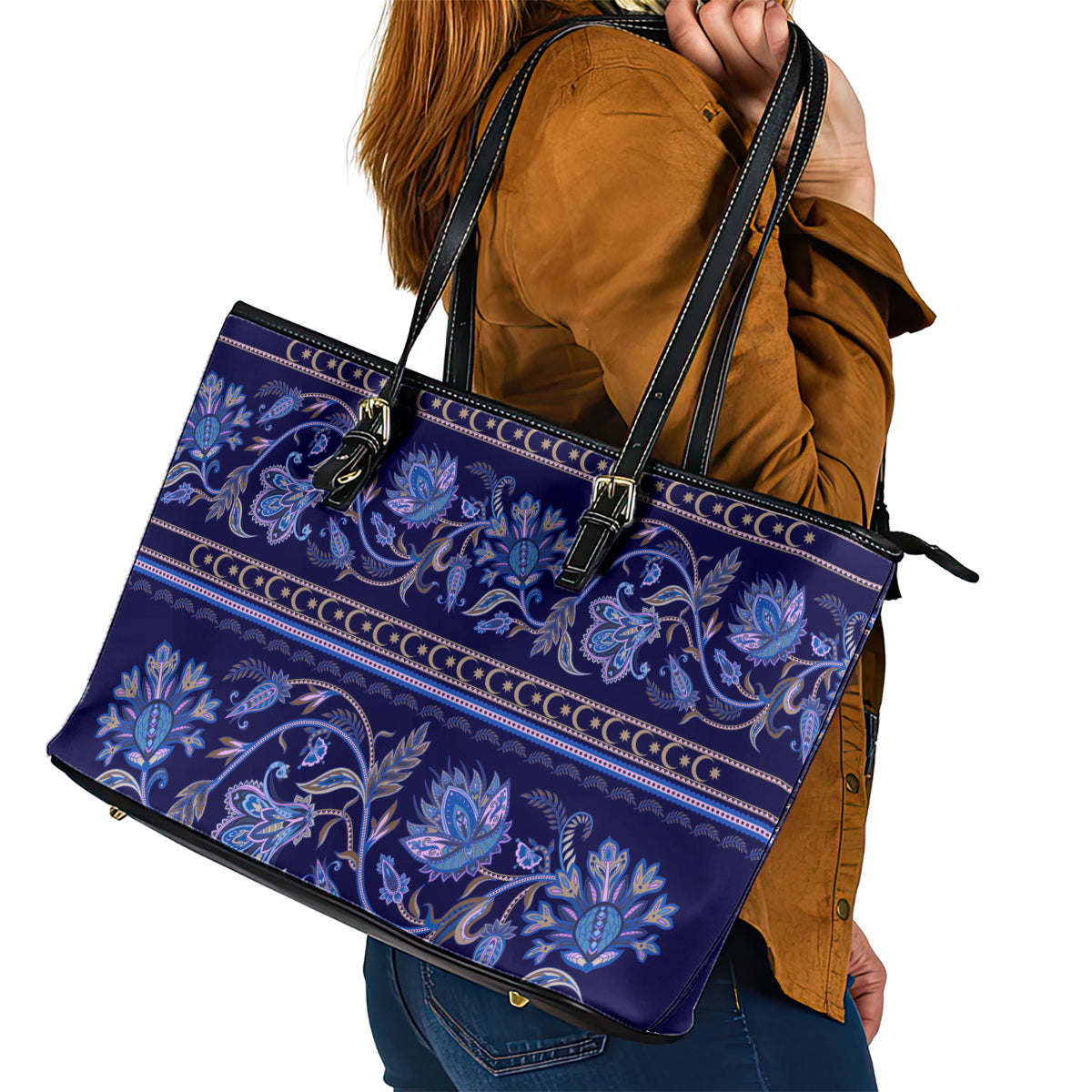 Azerbaijan Leather Tote Bag Traditional Pattern Ornament With Flowers Buta Blue - Wonder Print Shop