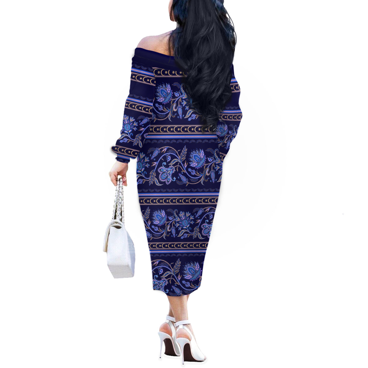 Azerbaijan Off The Shoulder Long Sleeve Dress Traditional Pattern Ornament With Flowers Buta Blue - Wonder Print Shop