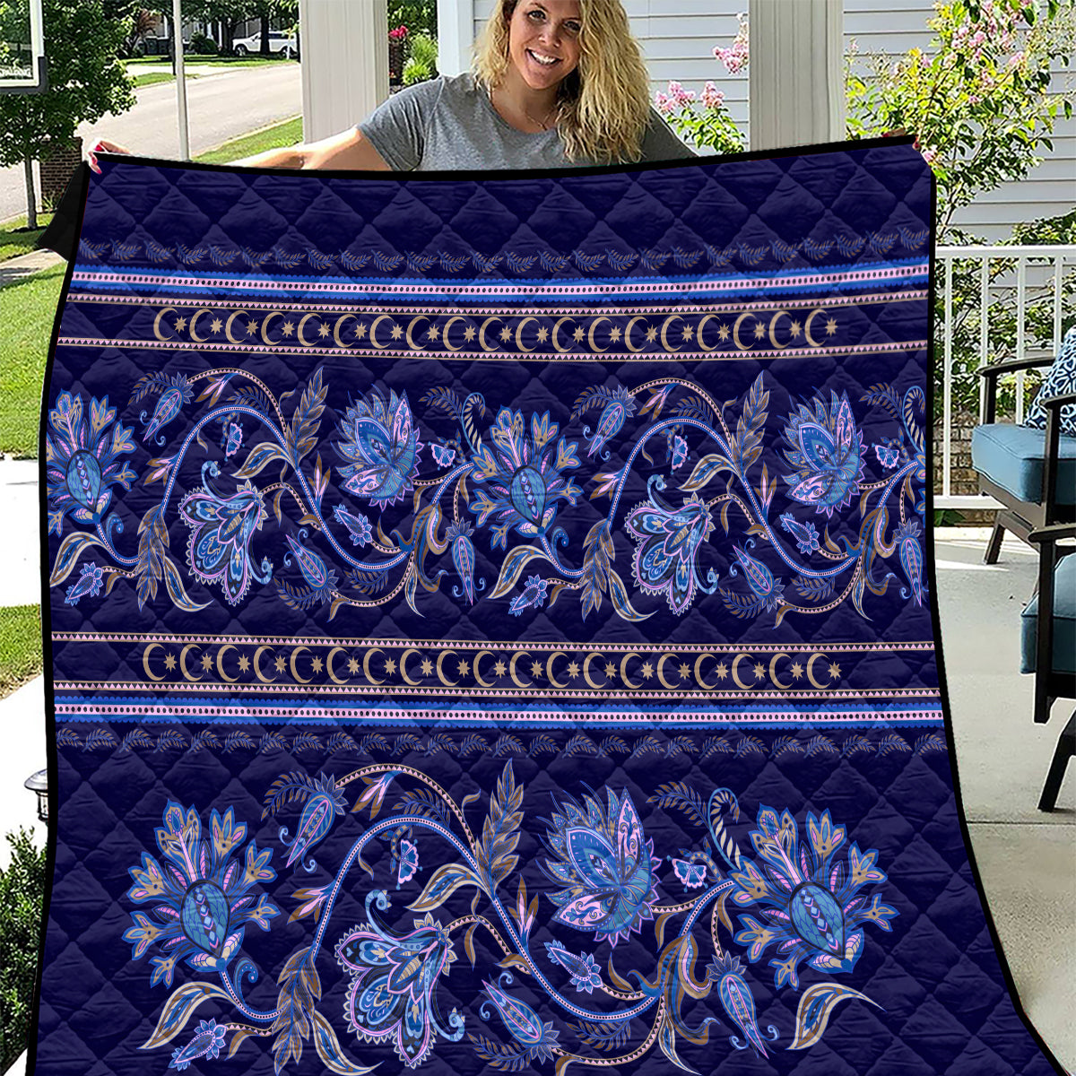 Azerbaijan Quilt Traditional Pattern Ornament With Flowers Buta Blue - Wonder Print Shop