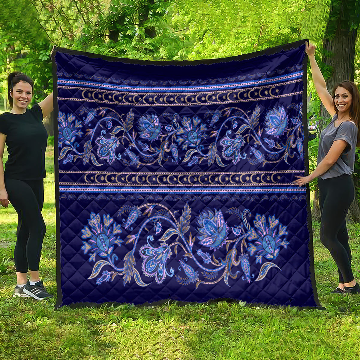Azerbaijan Quilt Traditional Pattern Ornament With Flowers Buta Blue - Wonder Print Shop