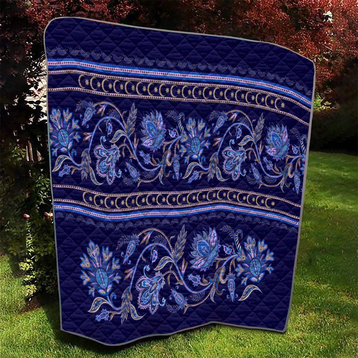 Azerbaijan Quilt Traditional Pattern Ornament With Flowers Buta Blue - Wonder Print Shop
