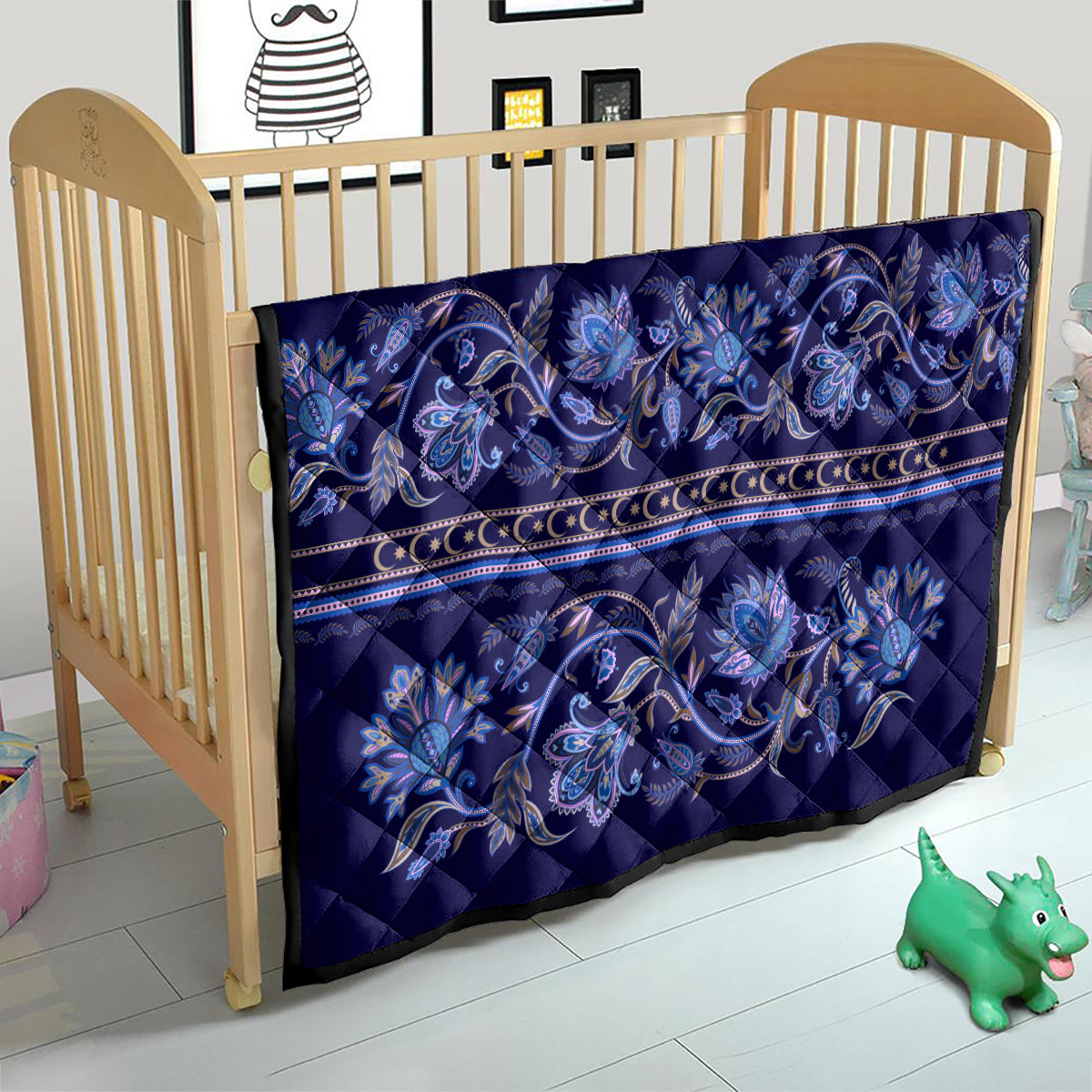 Azerbaijan Quilt Traditional Pattern Ornament With Flowers Buta Blue - Wonder Print Shop