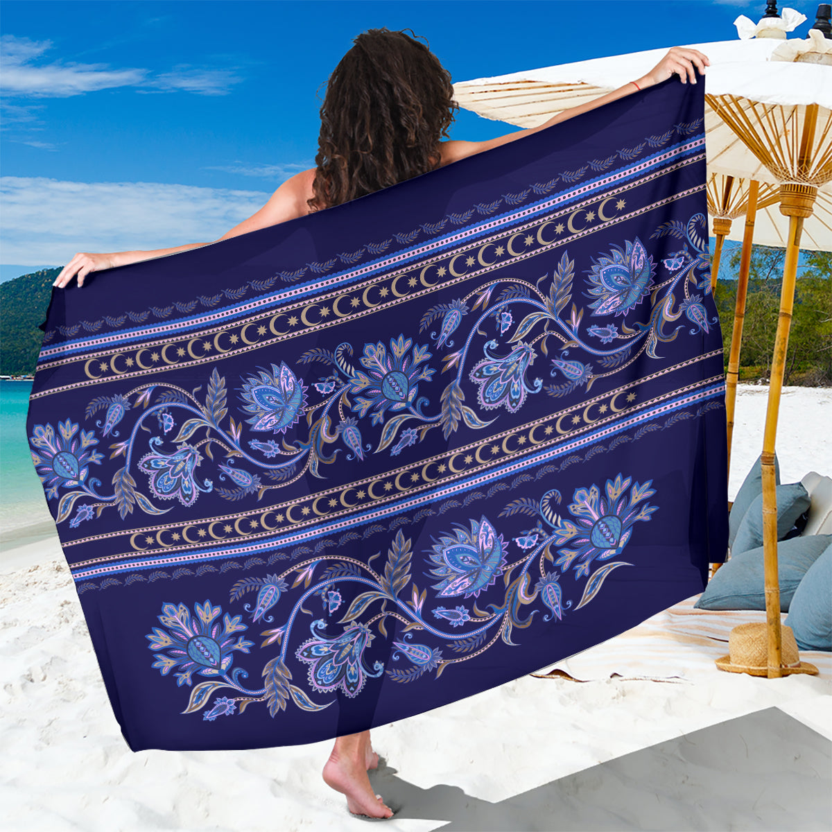 Azerbaijan Sarong Traditional Pattern Ornament With Flowers Buta Blue - Wonder Print Shop