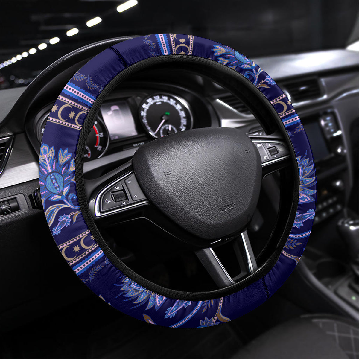 Azerbaijan Steering Wheel Cover Traditional Pattern Ornament With Flowers Buta Blue - Wonder Print Shop