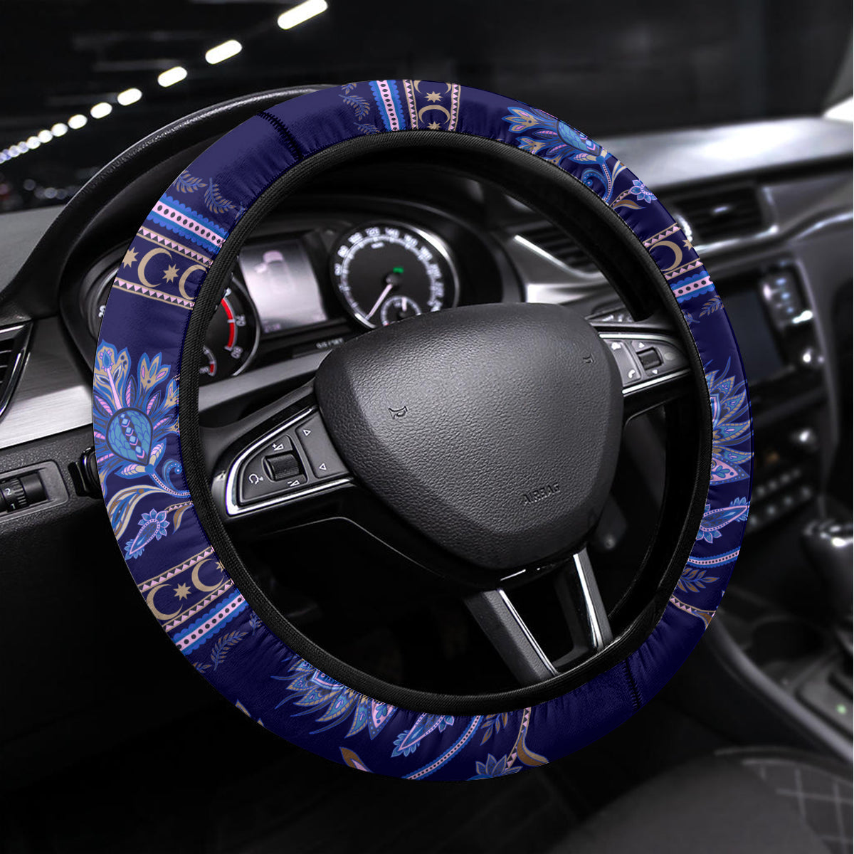 Azerbaijan Steering Wheel Cover Traditional Pattern Ornament With Flowers Buta Blue