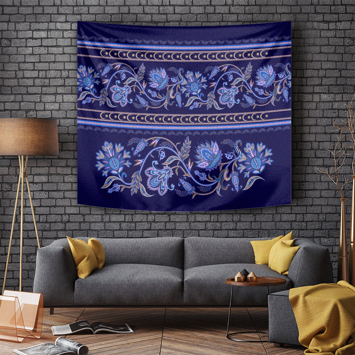 Azerbaijan Tapestry Traditional Pattern Ornament With Flowers Buta Blue - Wonder Print Shop