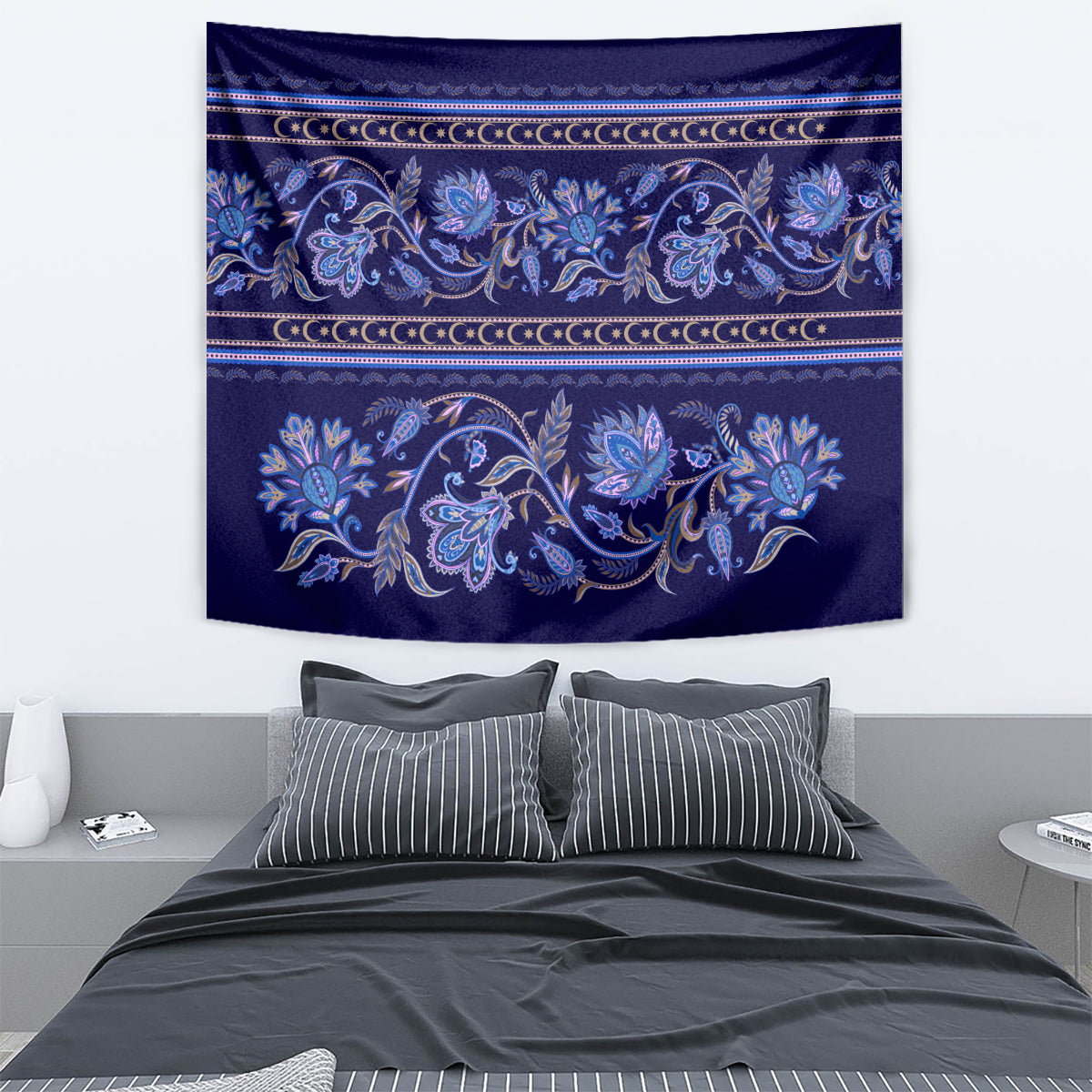 Azerbaijan Tapestry Traditional Pattern Ornament With Flowers Buta Blue - Wonder Print Shop
