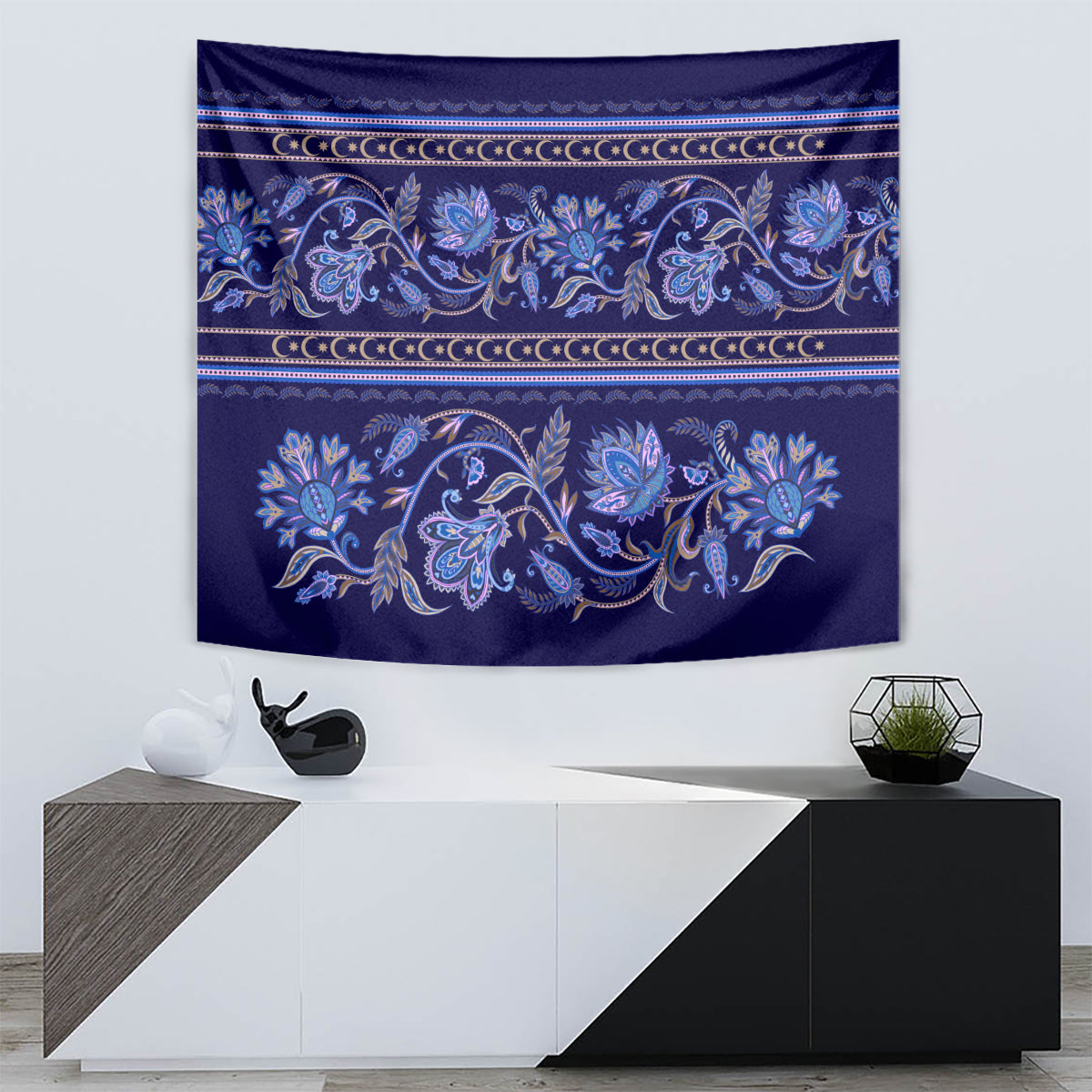 Azerbaijan Tapestry Traditional Pattern Ornament With Flowers Buta Blue - Wonder Print Shop