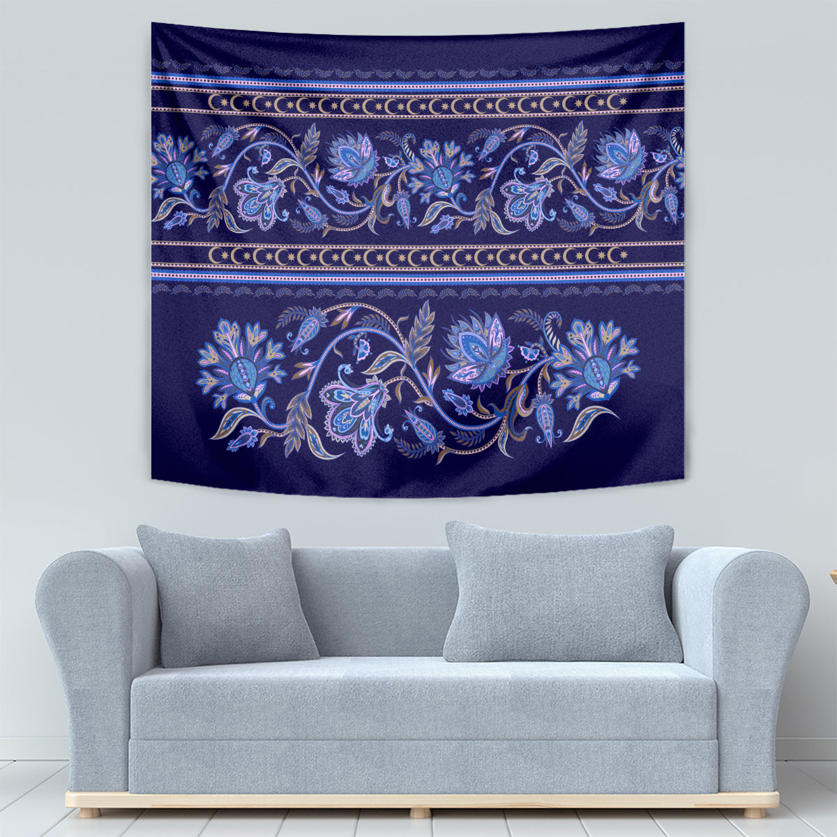 Azerbaijan Tapestry Traditional Pattern Ornament With Flowers Buta Blue - Wonder Print Shop