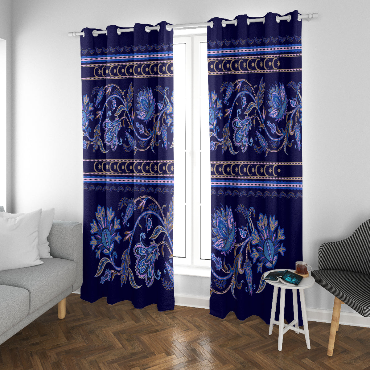 Azerbaijan Window Curtain Traditional Pattern Ornament With Flowers Buta Blue - Wonder Print Shop