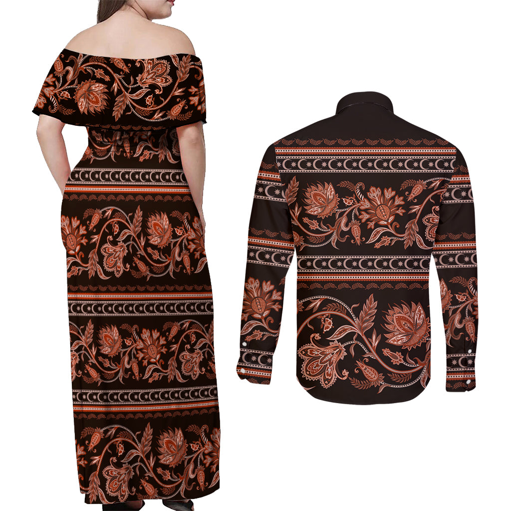 Azerbaijan Couples Matching Off Shoulder Maxi Dress and Long Sleeve Button Shirts Traditional Pattern Ornament With Flowers Buta Gold LT9 - Wonder Print Shop