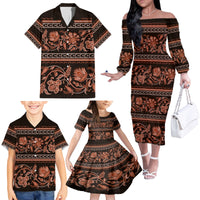 Azerbaijan Family Matching Off Shoulder Long Sleeve Dress and Hawaiian Shirt Traditional Pattern Ornament With Flowers Buta Gold - Wonder Print Shop