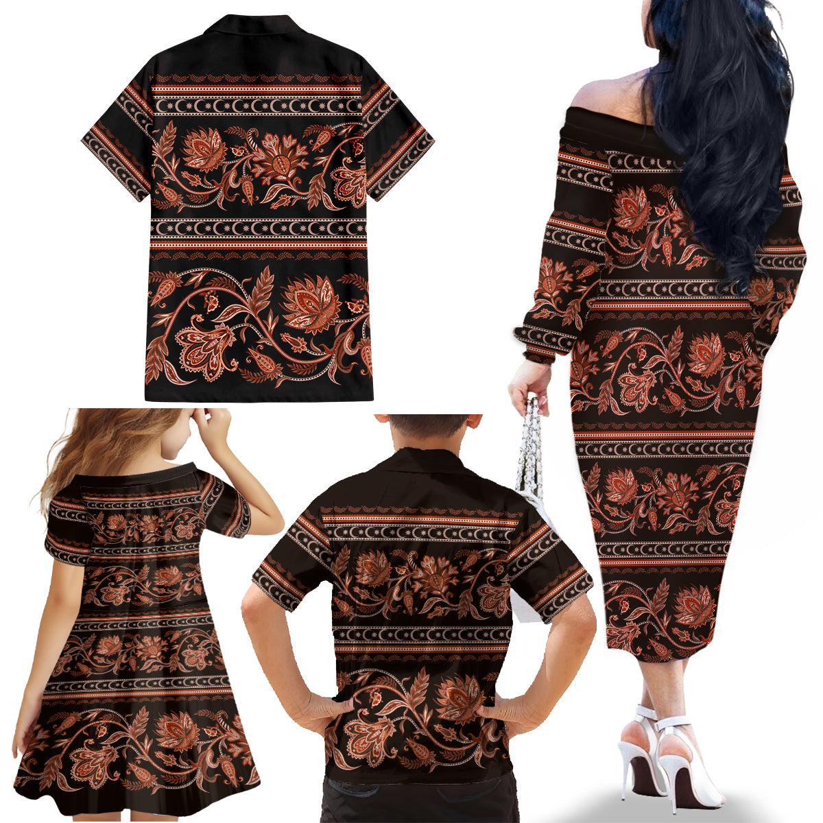 Azerbaijan Family Matching Off Shoulder Long Sleeve Dress and Hawaiian Shirt Traditional Pattern Ornament With Flowers Buta Gold - Wonder Print Shop