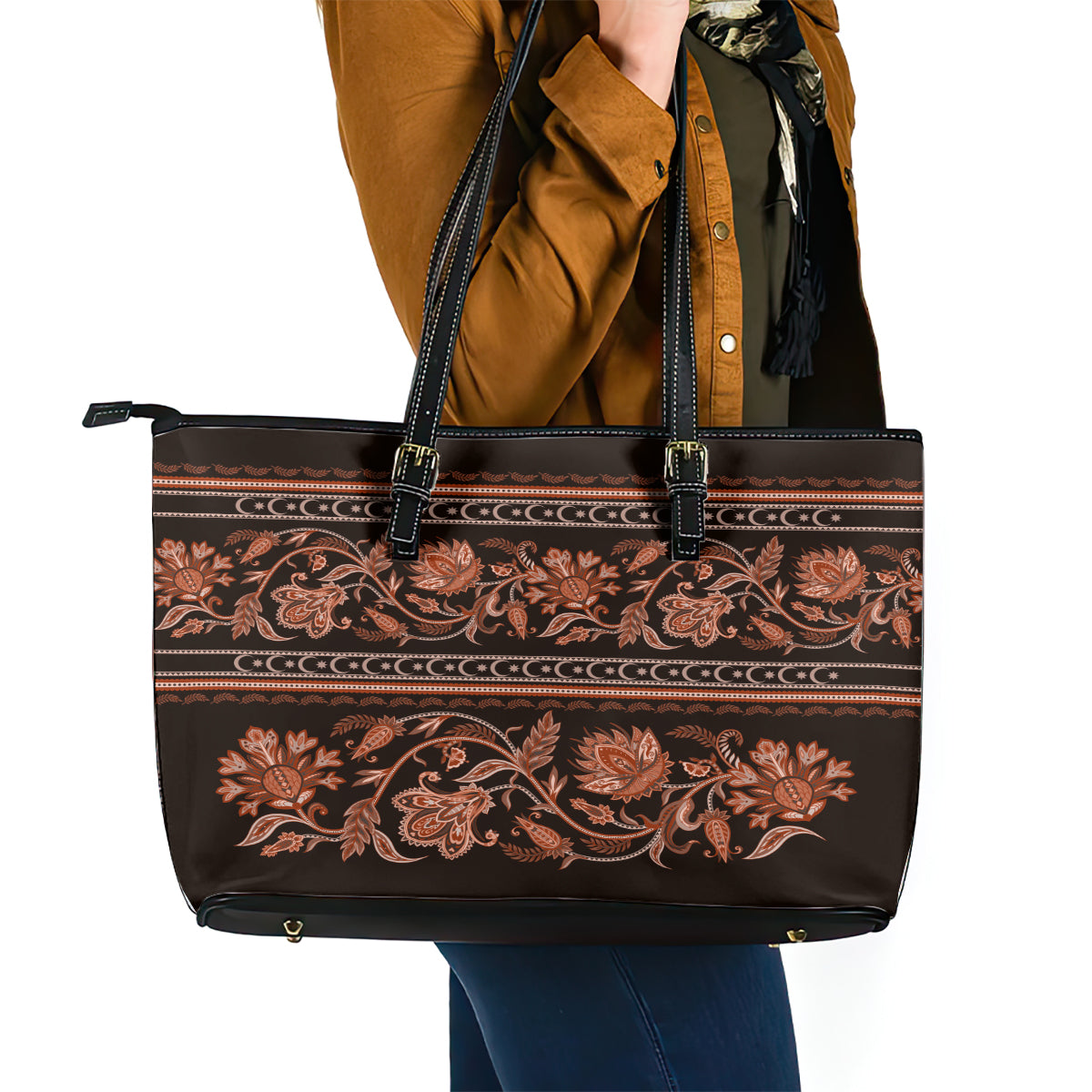 Azerbaijan Leather Tote Bag Traditional Pattern Ornament With Flowers Buta Gold - Wonder Print Shop