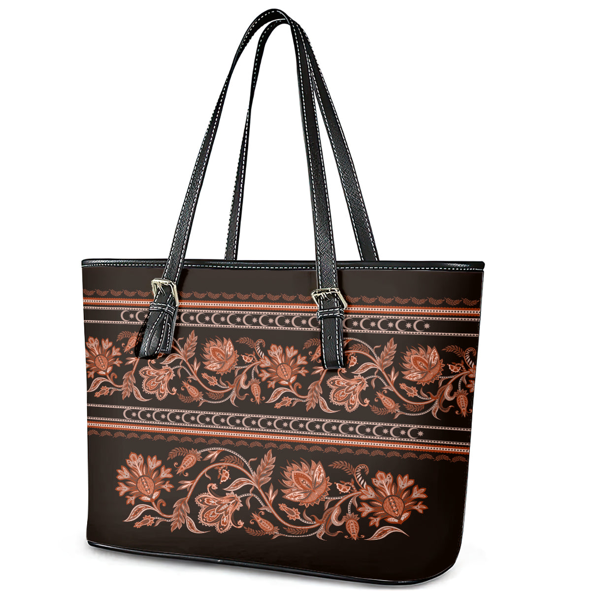 Azerbaijan Leather Tote Bag Traditional Pattern Ornament With Flowers Buta Gold - Wonder Print Shop