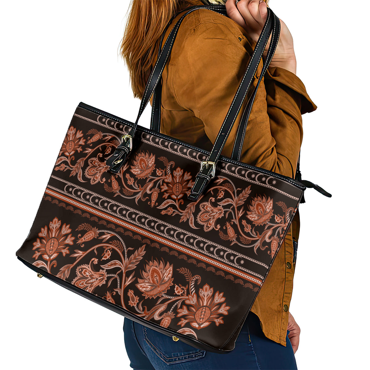 Azerbaijan Leather Tote Bag Traditional Pattern Ornament With Flowers Buta Gold - Wonder Print Shop