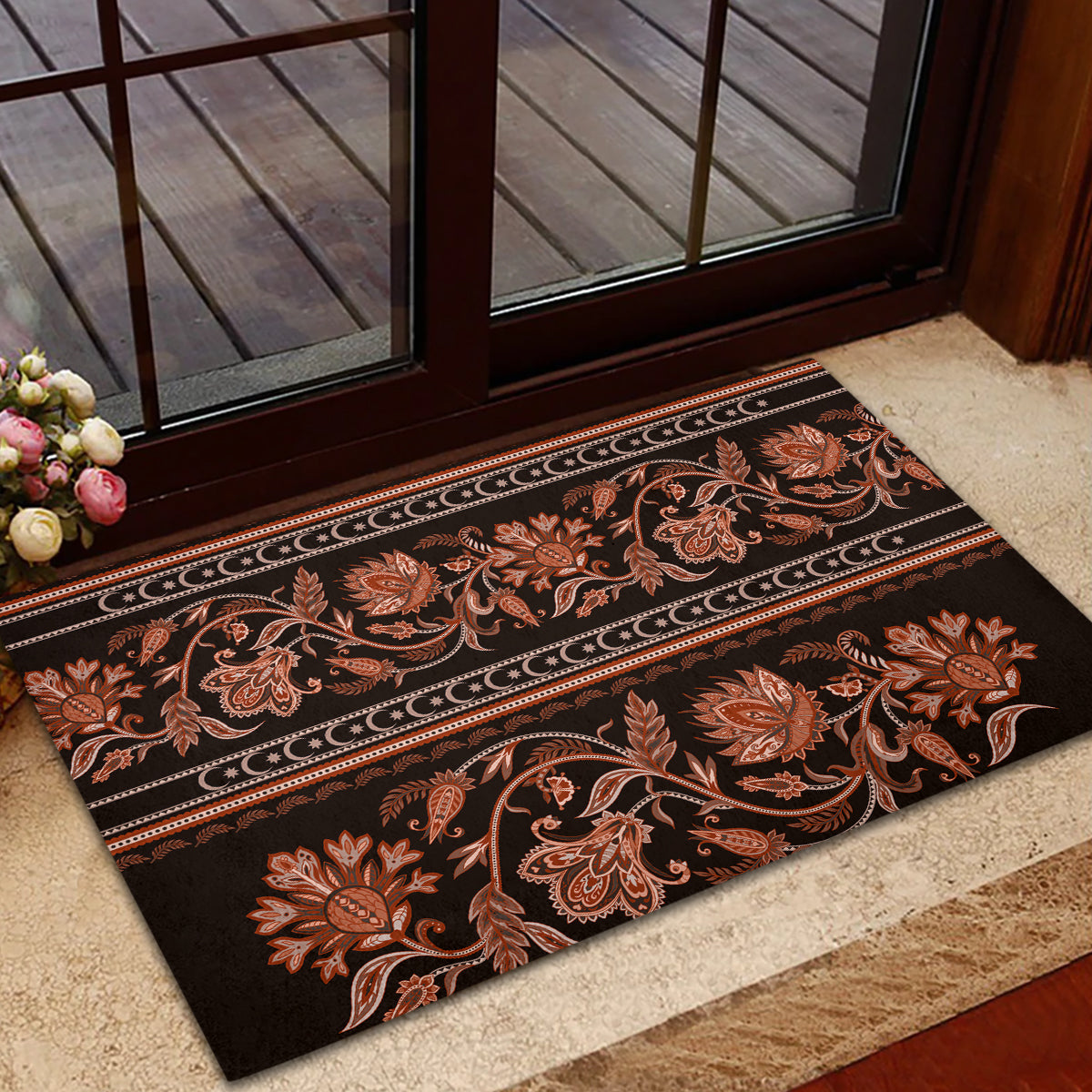 Azerbaijan Rubber Doormat Traditional Pattern Ornament With Flowers Buta Gold - Wonder Print Shop