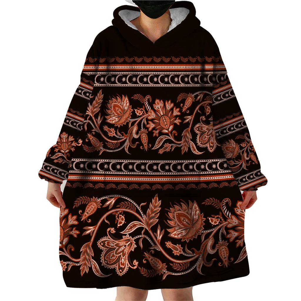 Azerbaijan Wearable Blanket Hoodie Traditional Pattern Ornament With Flowers Buta Gold - Wonder Print Shop