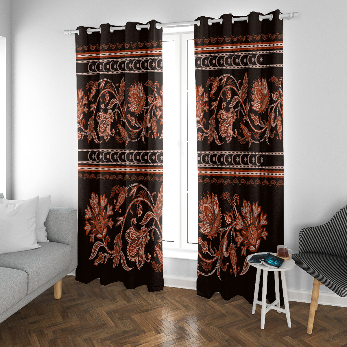 Azerbaijan Window Curtain Traditional Pattern Ornament With Flowers Buta Gold - Wonder Print Shop