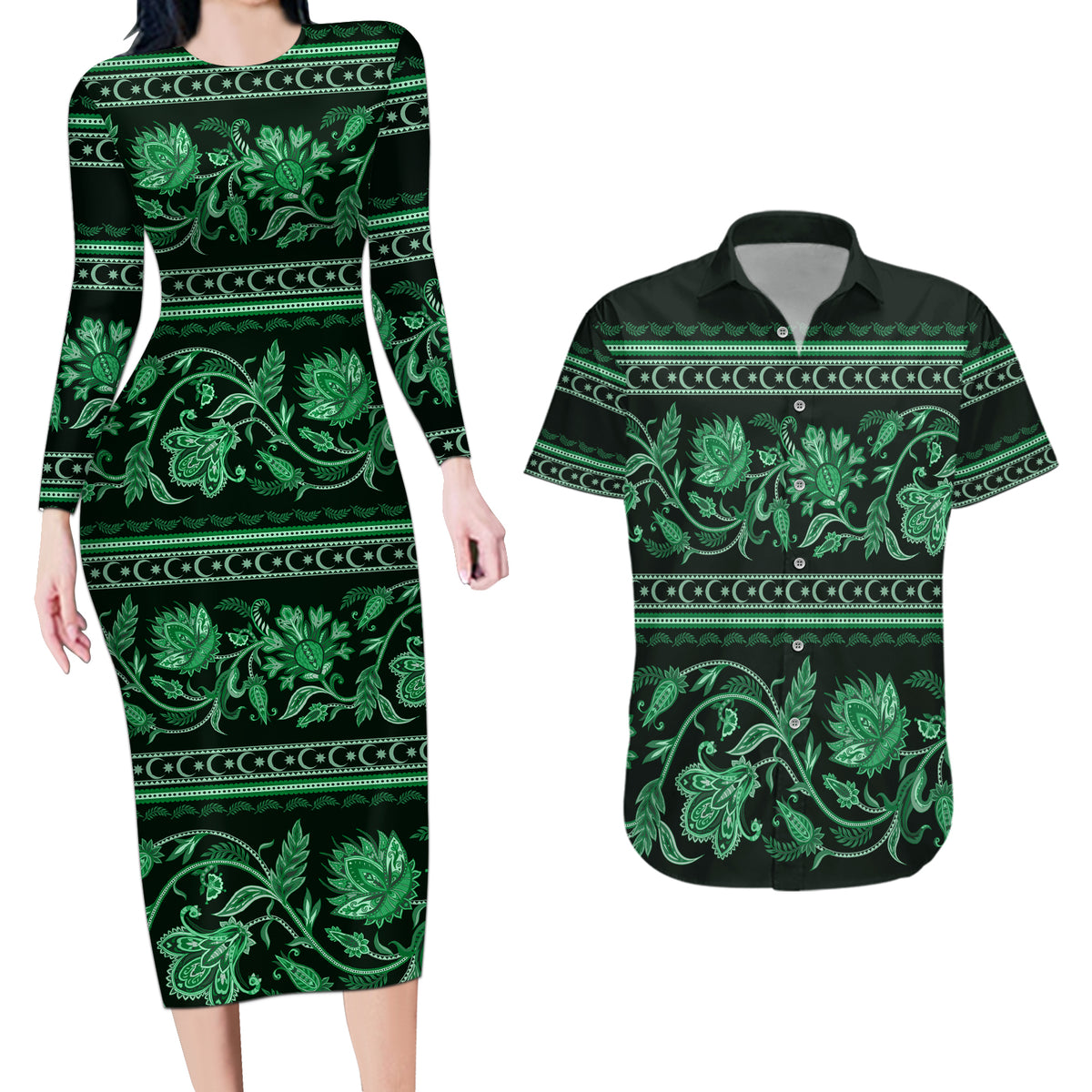 Azerbaijan Couples Matching Long Sleeve Bodycon Dress and Hawaiian Shirt Traditional Pattern Ornament With Flowers Buta Green LT9 - Wonder Print Shop