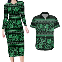 Azerbaijan Couples Matching Long Sleeve Bodycon Dress and Hawaiian Shirt Traditional Pattern Ornament With Flowers Buta Green LT9 - Wonder Print Shop